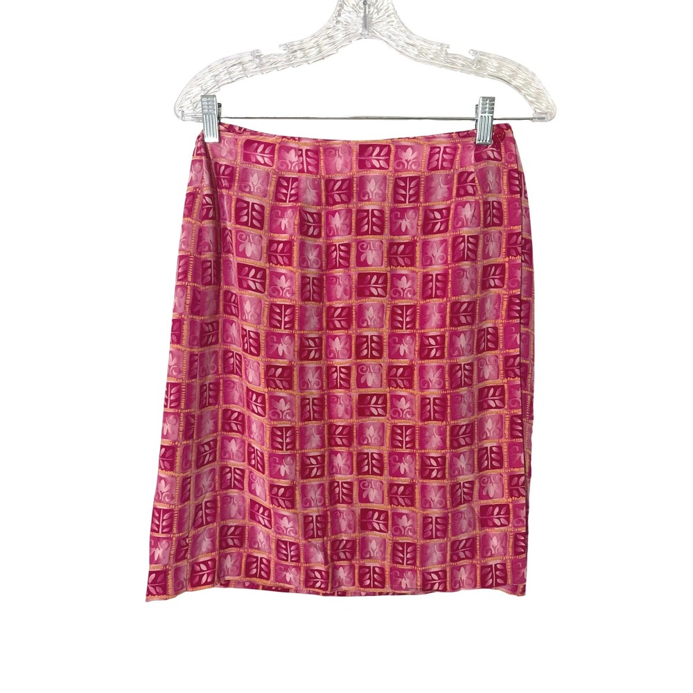 Talbots Silk Skirt Womens 10 Pink Excellent Geometric Leaf Print Knee Length